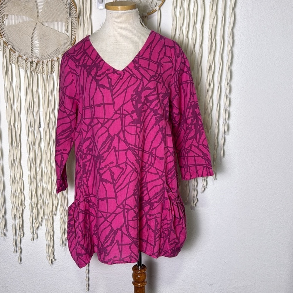 Chalet Linen Pink and Purple Abstract Print Tunic Lagenlook Top Front Pocket Sm